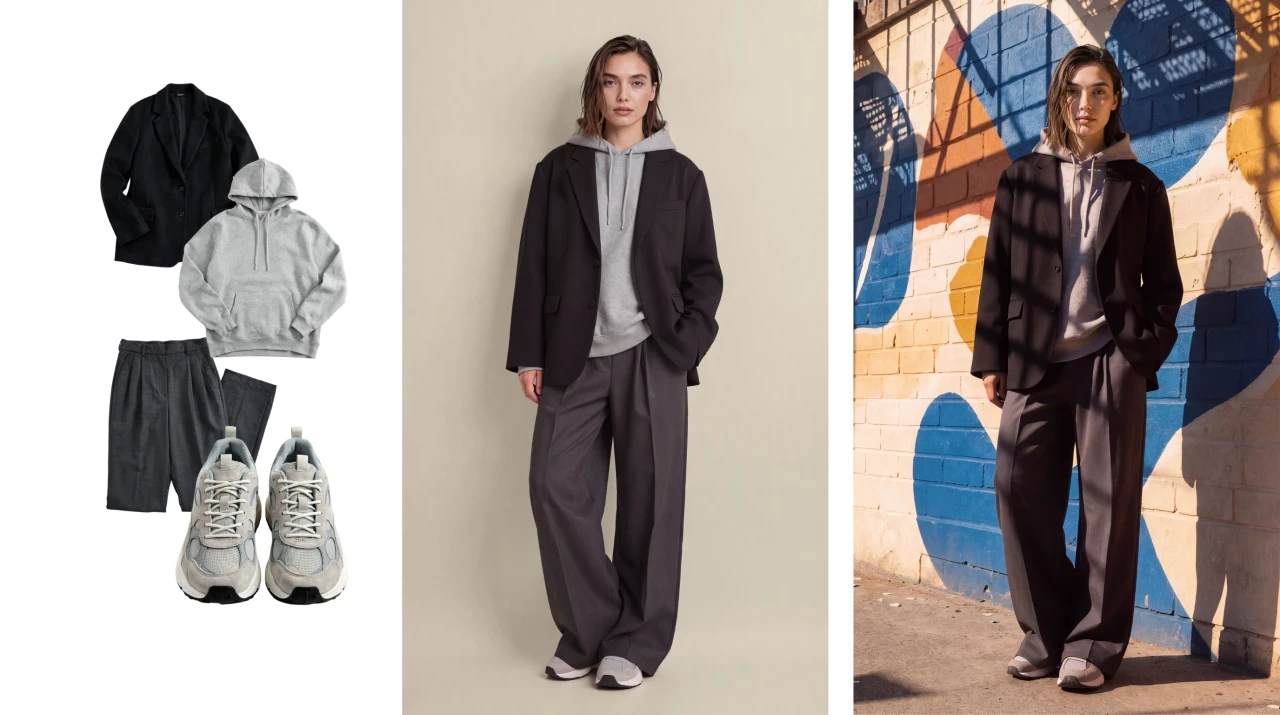 Ein Outfit als Legewarebild, geshootet im Studio und geshootet on Location - casual