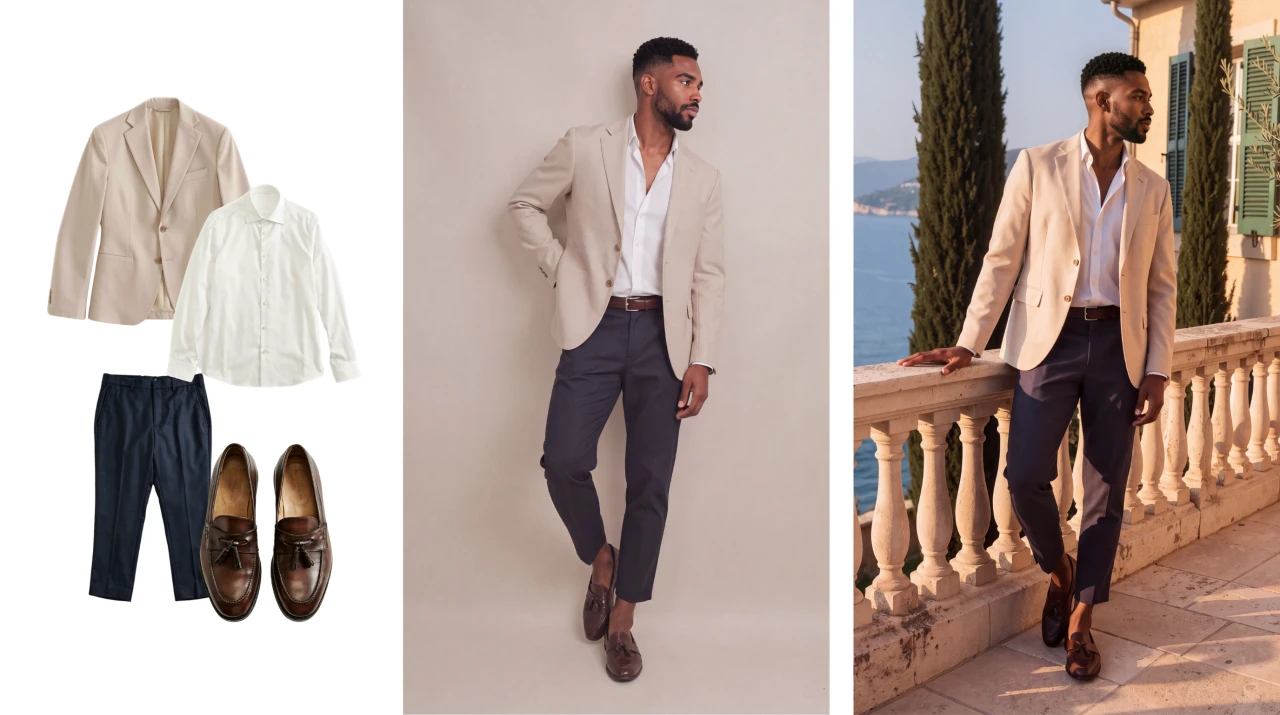 Ein Outfit als Legewarebild, geshootet im Studio und geshootet on Location - business
