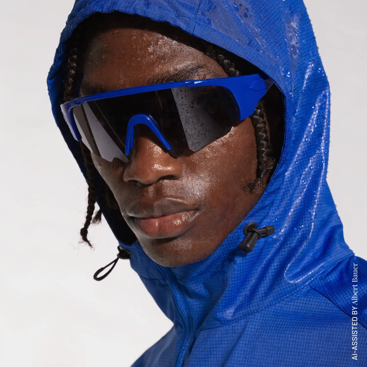 Ein männliches AI Model im Halbausschnitt mit einer Sonnenbrille auf und einer blauen sportlichen Kapuze über dem Kopf