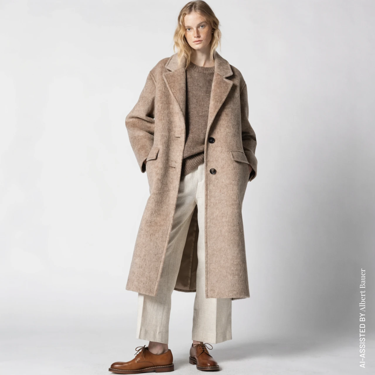Ein weibliches AI Model ganzkörper frontal in einem beigen Outfit