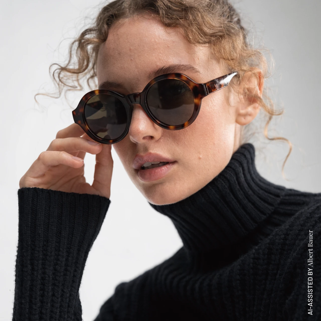 Ein weibliches AI Model im Profil mit einer schwarzen Sonnenbrille auf