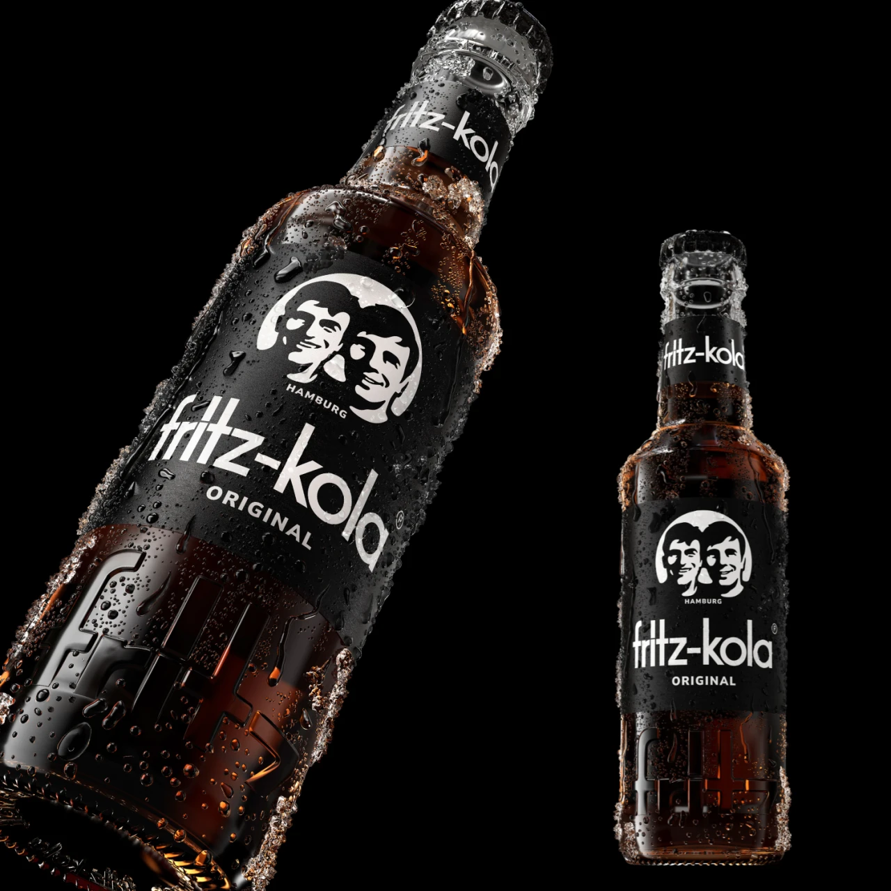 3D Content für das Redesign von fritz-kola. CGI Rendering von zwei fritz kola Flaschen