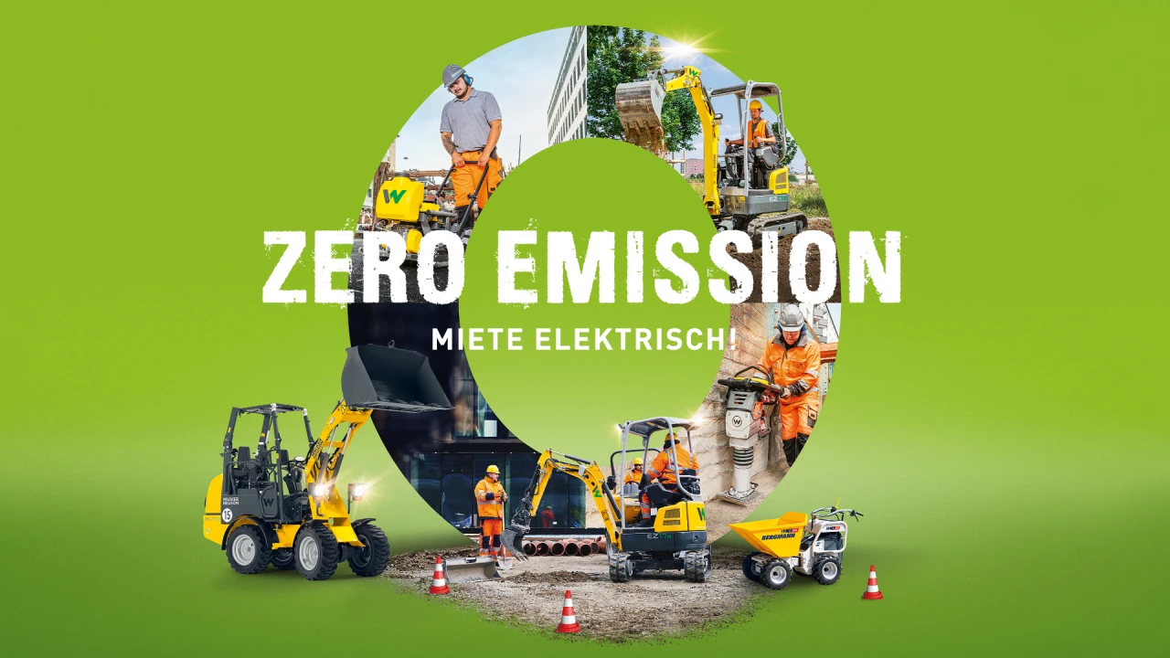 Ein designtes Composing mit dem Schriftzug Zero Emission auf einem grünen Hintergrund, Baumaschinen, Baustellen und Arbeiter sind zu sehen