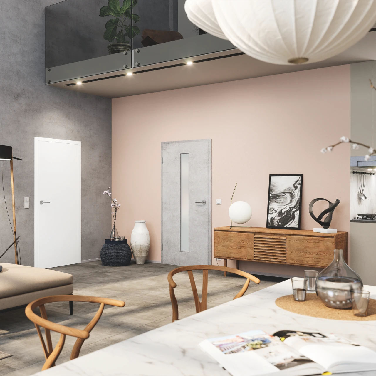 3D Home & Living Experience im Content House mit Jeld-Wen CGI Rendering eines großen, hellen Raumes