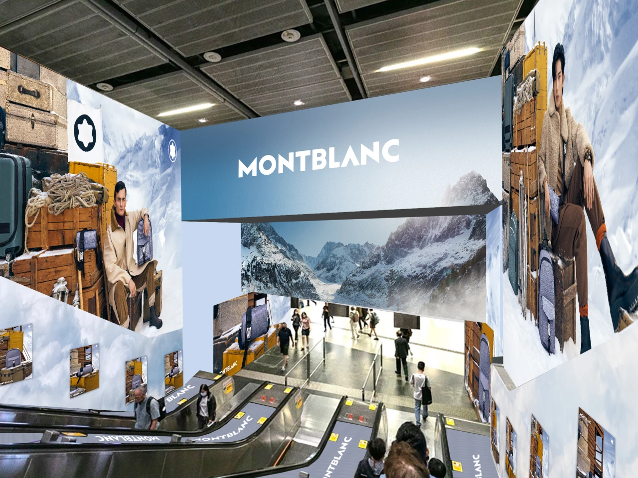 Brand Experience at its best! Montblanc schafft full-experience Flächen in Hong Kong. Bild einer Montblanc OOH Anzeige welche auf einer Rolltreppe angebracht wurde