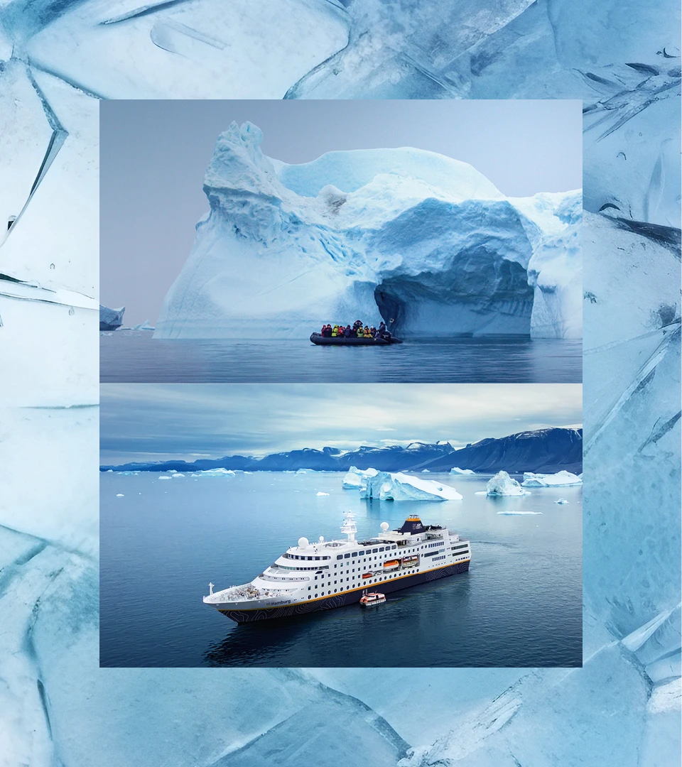 Zum Rebranding werden diverse Medien in das neue Brand Universum überführt. Zweigeteiltes Bild, links drei Zeitschriften, rechts eine Collage von Eislandschaften mit einem Kreuzfahrtschiff