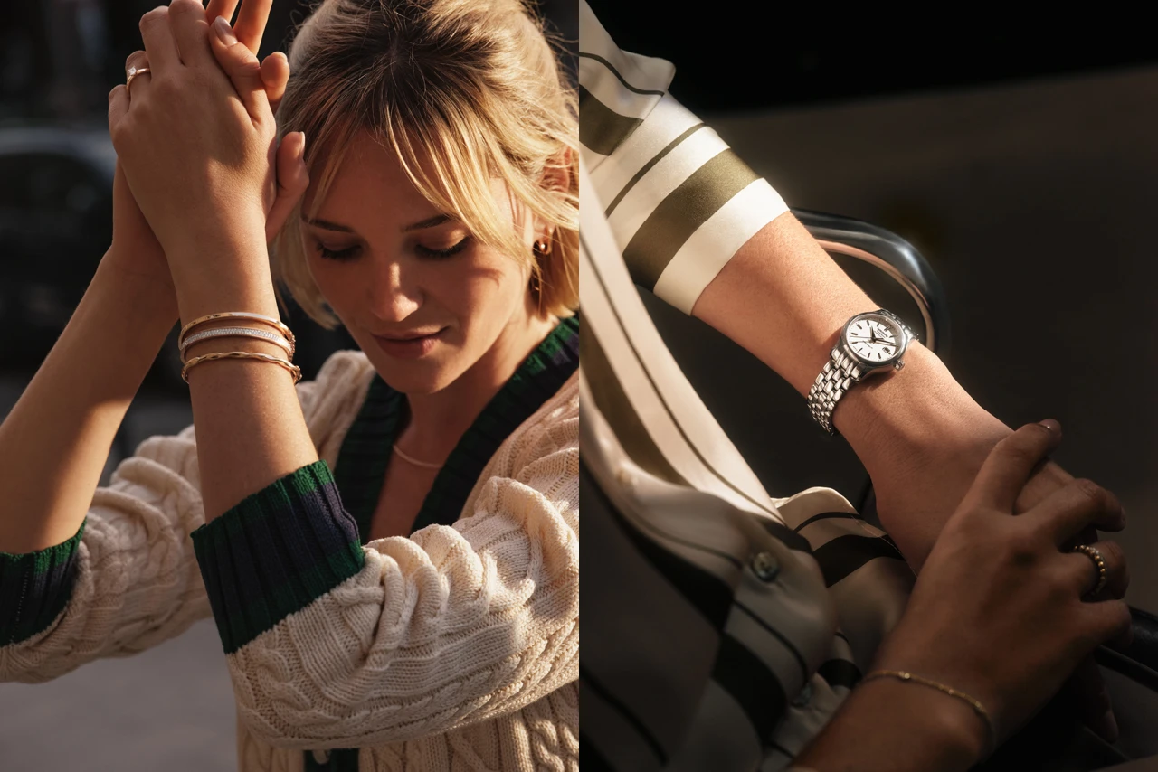 Luxus der Bewegt – Ästhetische Key Visuals mit People lädt die Wempe Produkte mit auf. Collage aus zwei Wempe Visuals, links eine Frau welche Armreife trägt und rechts ein Arm welcher eine Uhr trägt
