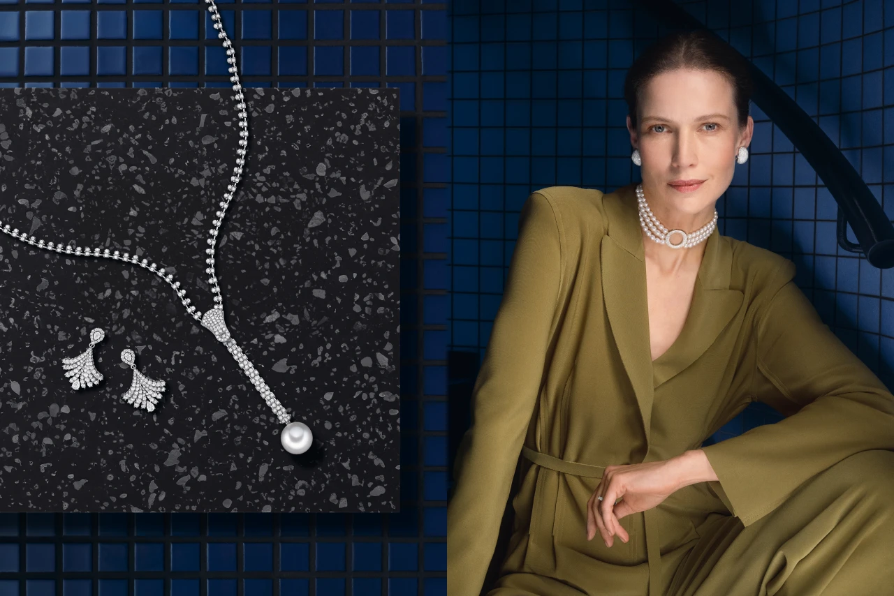 Collage aus zwei Visuals, rechts ein Wempe Schmuckstück und links ein Bild auf welchem die abgebildete Person ähnlichen Schmuck trägt.