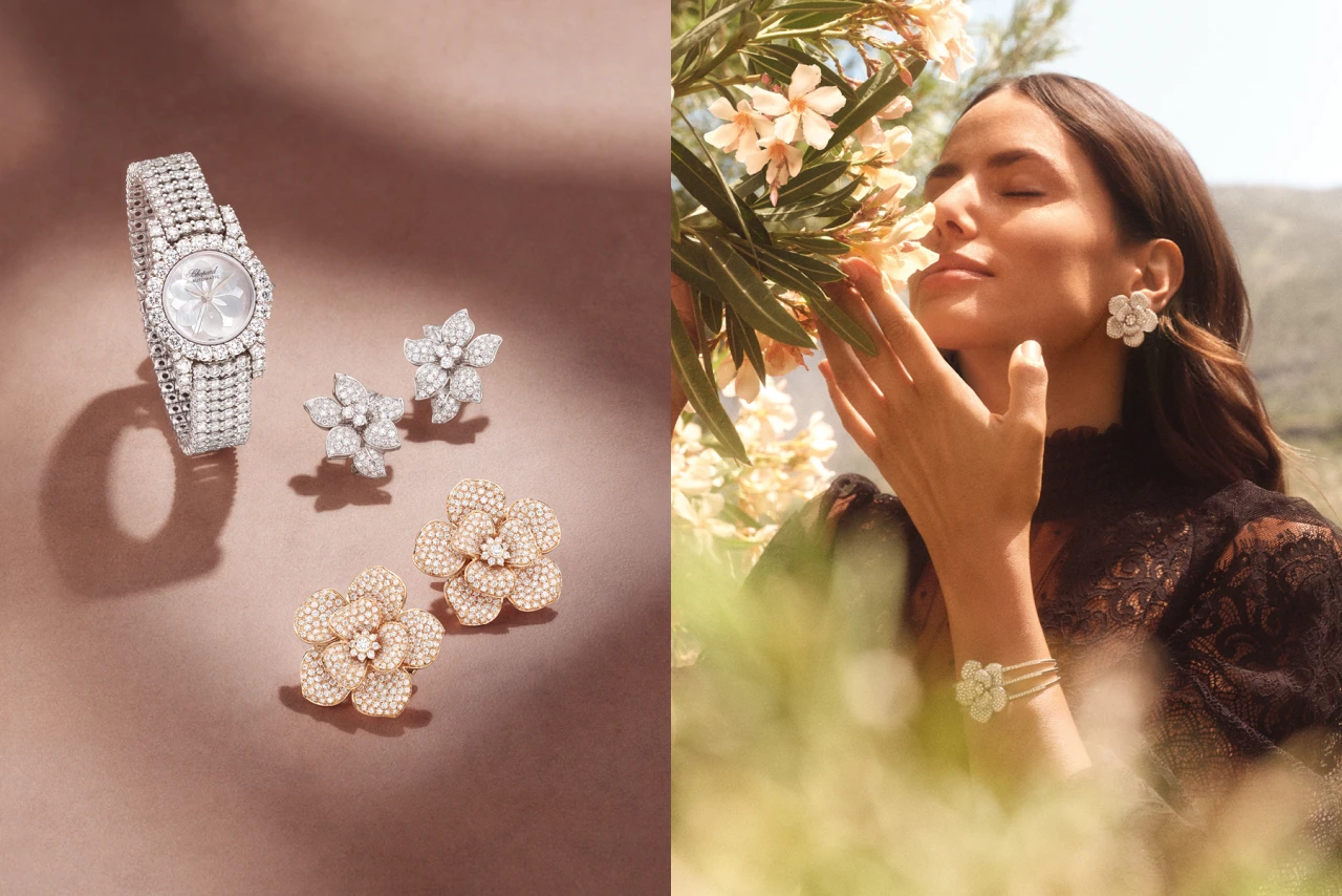 Der Wempe Juwelenkatalog zeigt die Vielfalt an Produktlinien und Produkten. Collage von zwei Fotos, links CGI Content von Wempe Schmuck, rechts ein Model welches den links abgebildeten Schmuck trägt