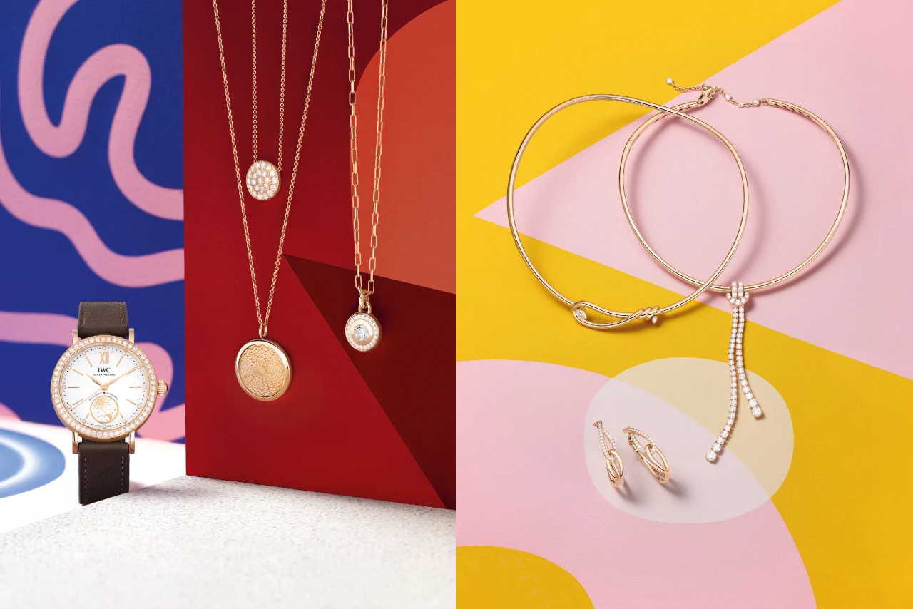 Visual aus mehreren Wempe Produkten, links eine Uhr, in der Mitte eine Auswahl an Ketten und rechts Halsbänder und Ringe