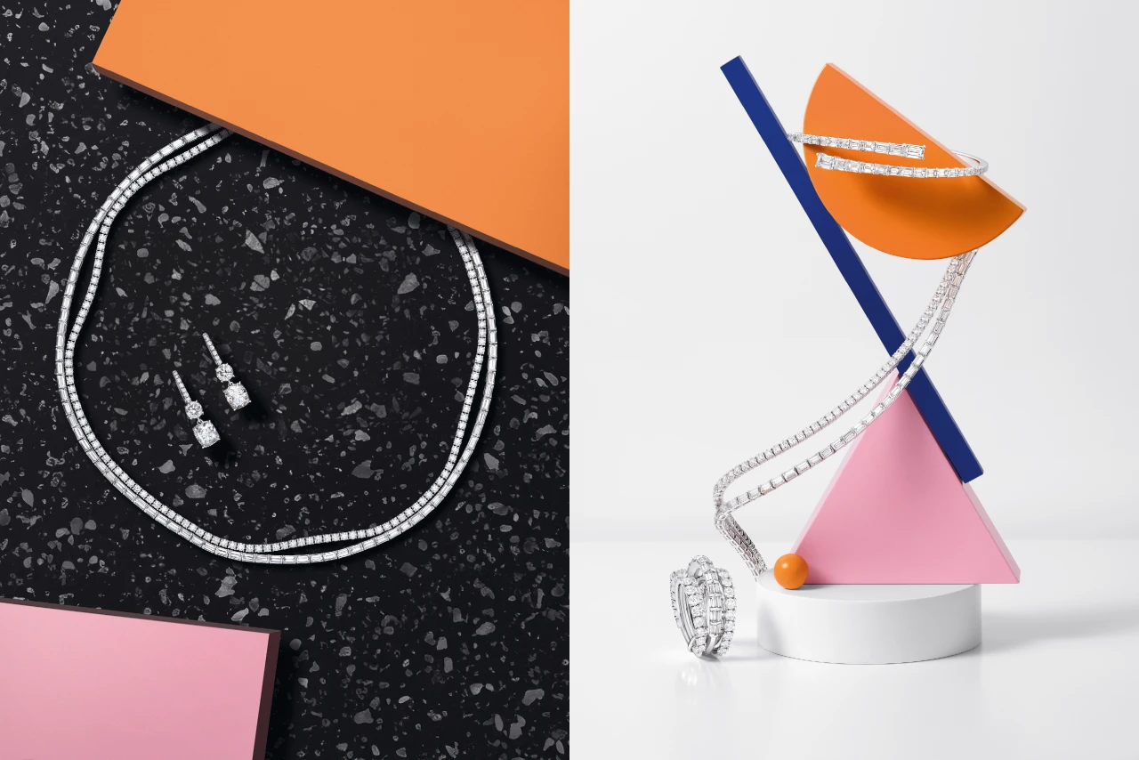 Collage aus zwei Bildern auf welcher Wempe Produkte zu sehen sind, links sind eine Kette und Ohrringe zu sehen. Rechts ein Ring und eine Kette