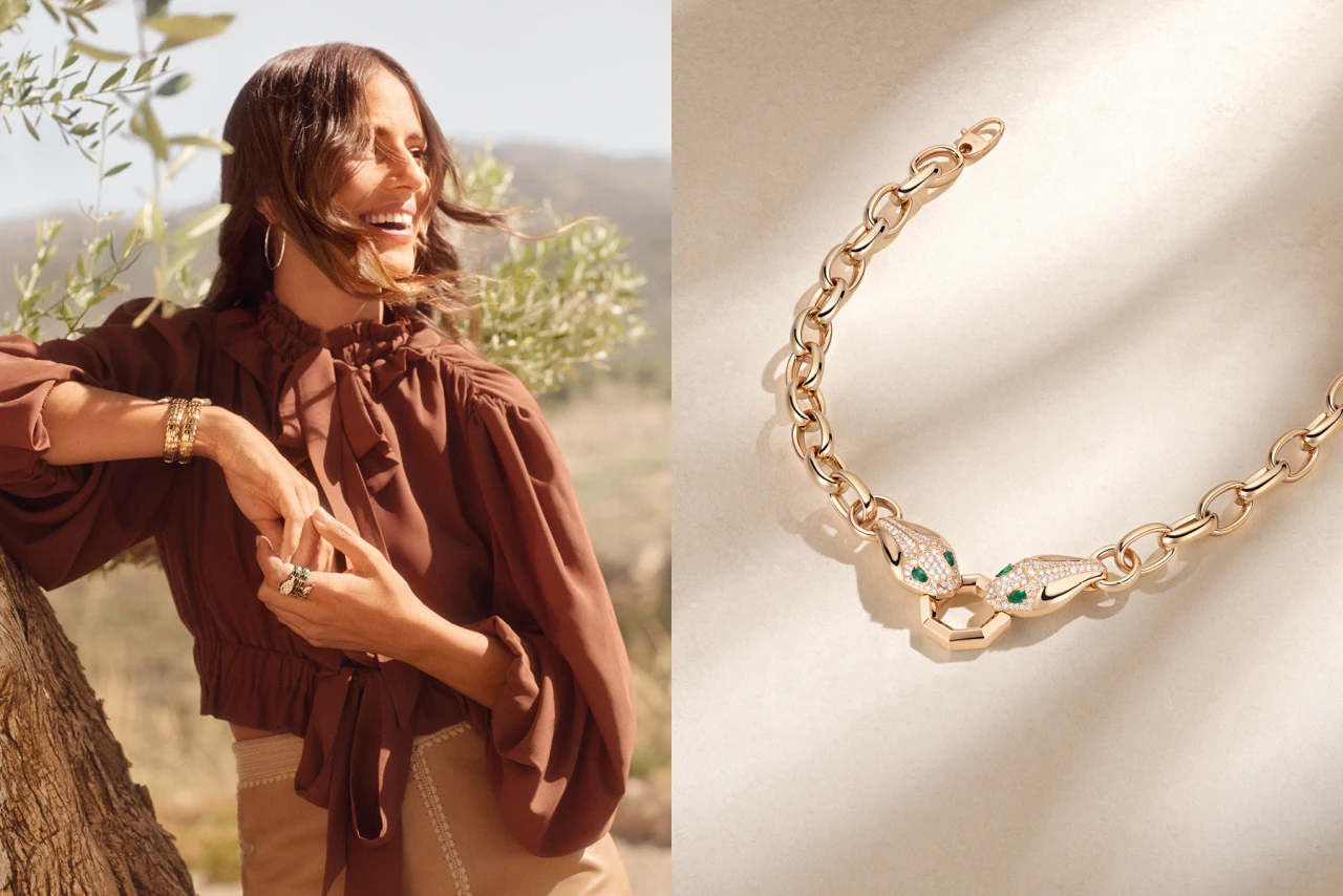 Der Wempe Juwelenkatalog zeigt die Vielfalt an Produktlinien und Produkten. Collage von zwei Fotos, links ein Model welches Wempe Schmuck trägt & rechts ein CGI Visual welches Albert Bauer produziert hat