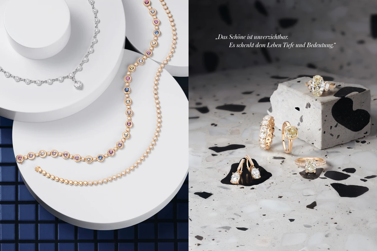 Collage aus zwei Wempe Visuals, links sind zwei Ketten zu sehen, rechts Ringe & Ohrringe