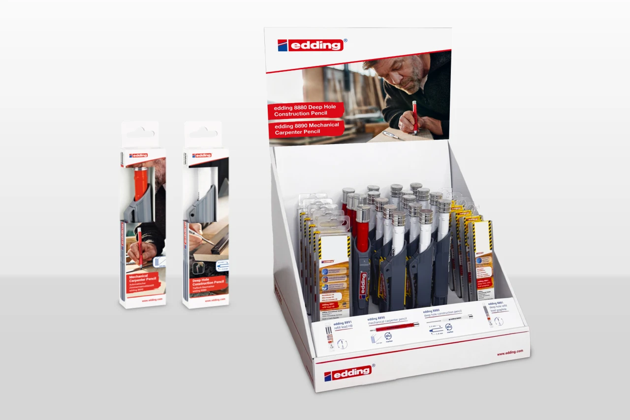 Ein großes Thekendisplay mit vielen eintesteckten Edding-Stiften