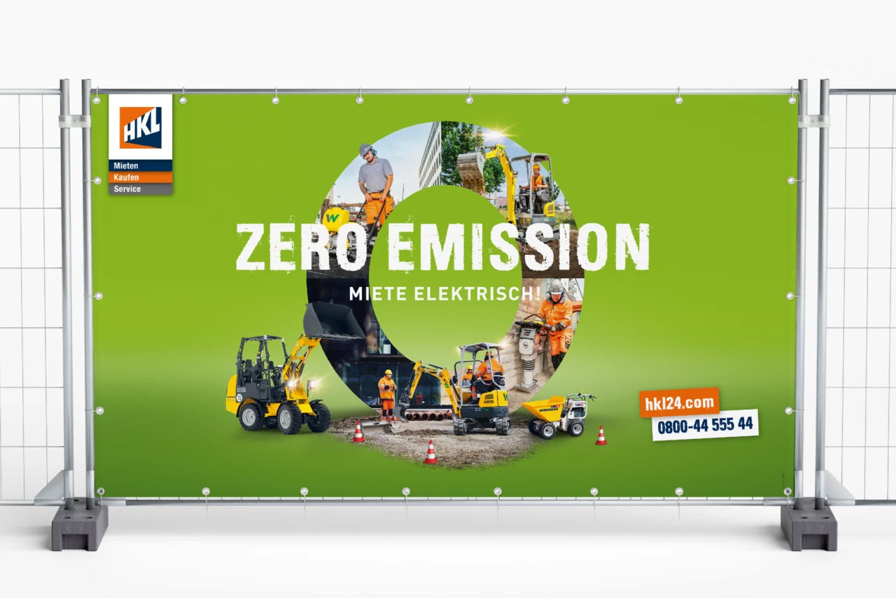 CGI Composing von einem Bauzaun, darauf ist das Zero Emission Keyvisual zu sehen