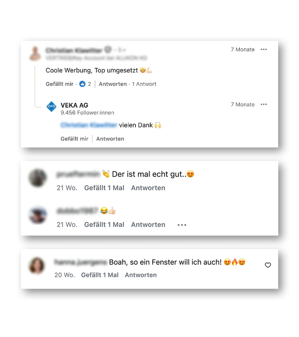 Screenshot von LinkedIn- und Instagram-Kommentaren zu der VEKA Kampagne