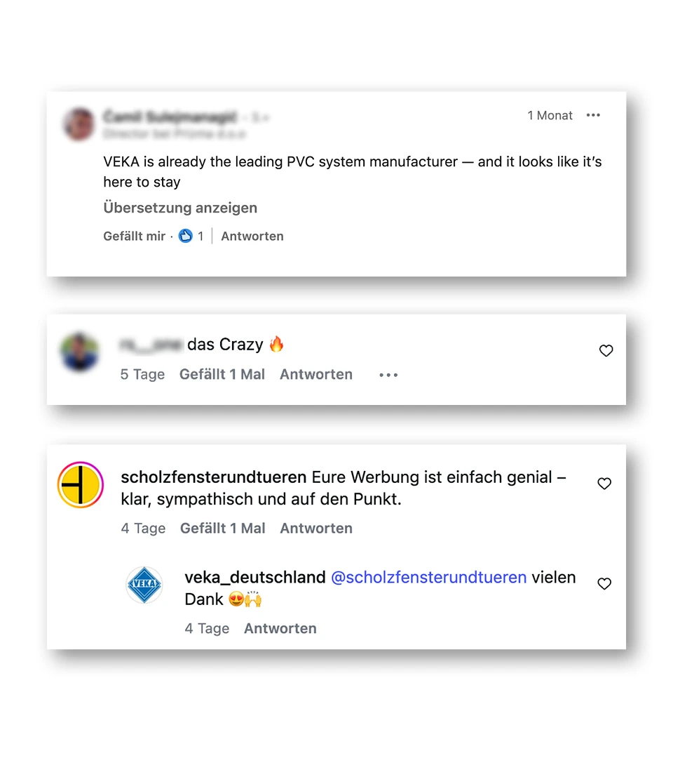 Screenshot von Kommentaren aus verschiedenen sozialen Netzwerken zu der VEKA Kampagne