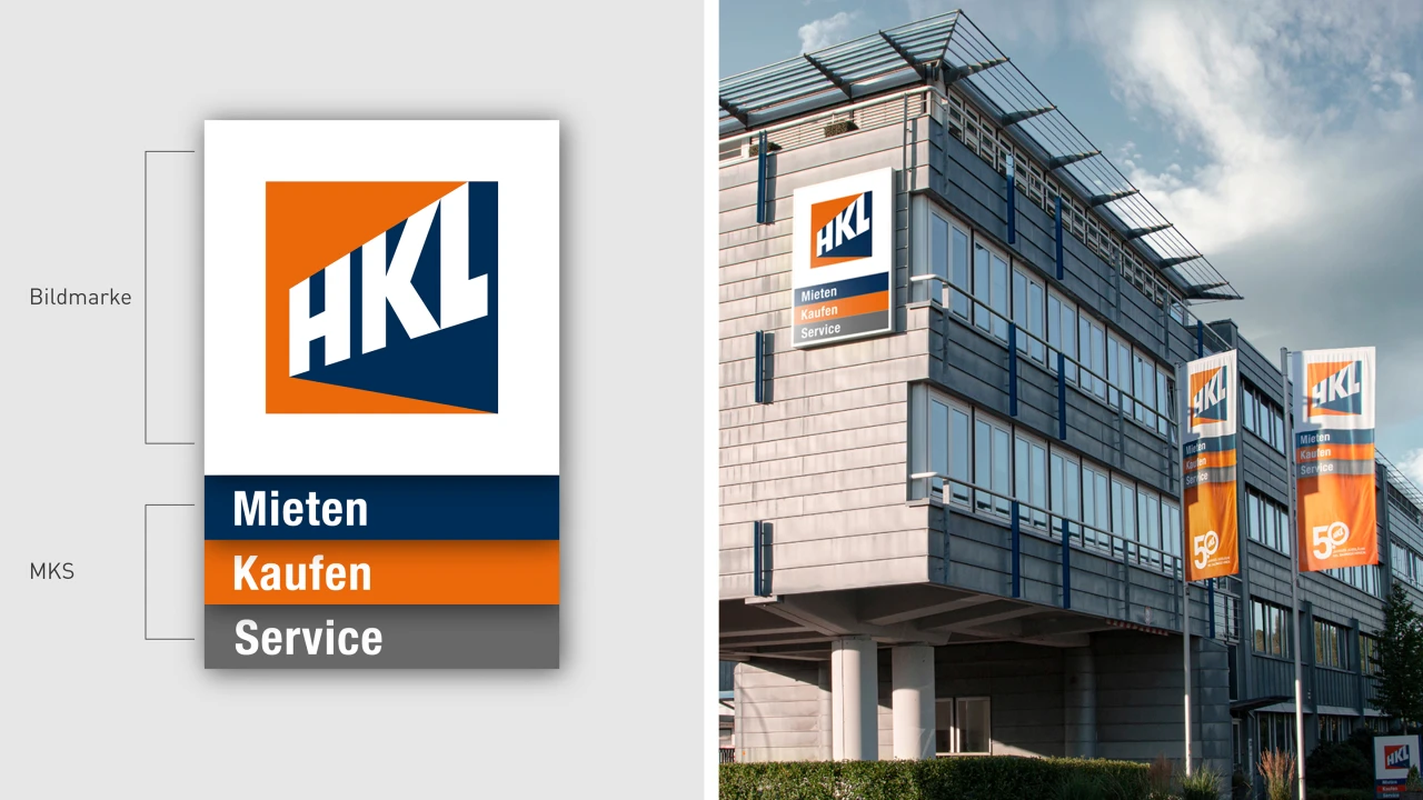 Collage aus zwei Bildern, links das Logo von HKL und rechts ein CGI Rendering von eines HKL Bürogebäudes
