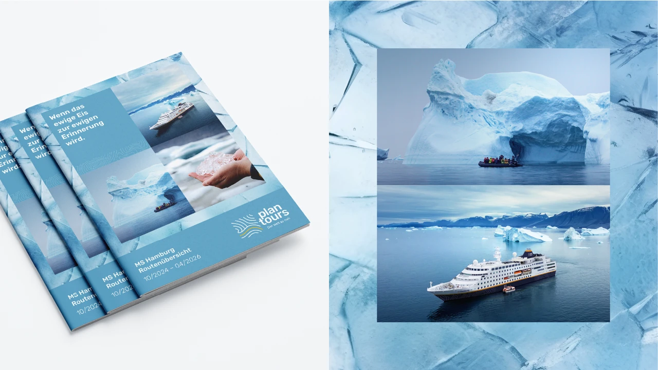 Zum Rebranding werden diverse Medien in das neue Brand Universum überführt. Zweigeteiltes Bild, links drei Zeitschriften, rechts eine Collage von Eislandschaften mit einem Kreuzfahrtschiff