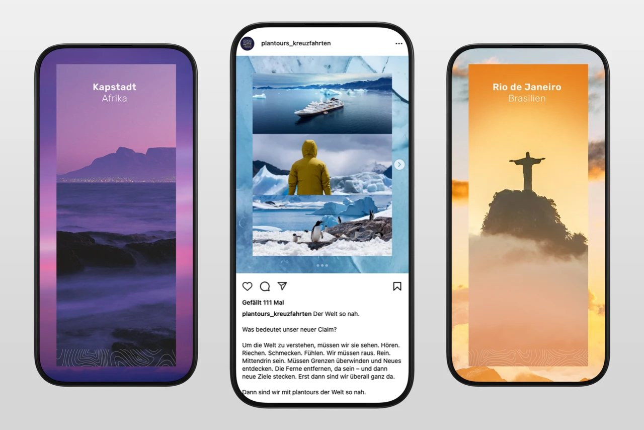 Albert Bauer konzipierte und gestaltete verschiedene vertriebsunterstützende Werbematerialien. Drei Smartphones mit 2 abgebildeten Visuals und einem Instagram-Beitrag