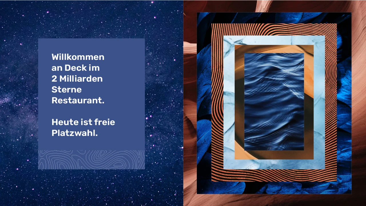 Starkes Messaging unterstützt das Narrative der plantours Brand Story. Zweigeteiltes Visual, links ein Bild eines Sternenhimmels, Rechts eine abstrakte Abbildung der Plantours Farbpalette