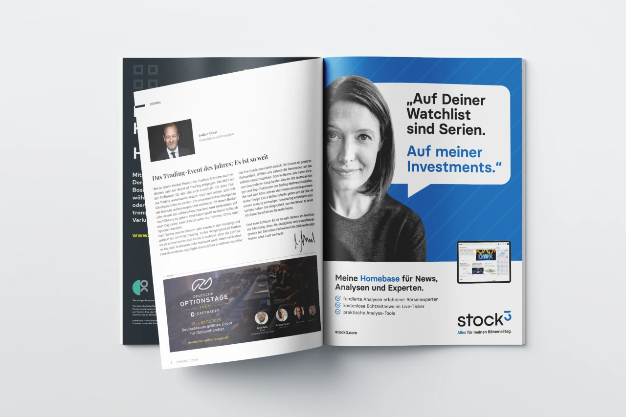 One-Pager im Zuge des Brand Relaunchs von stock3 Mockup eines Printmediums, in welchem eine stock3 Anzeige zu sehen ist