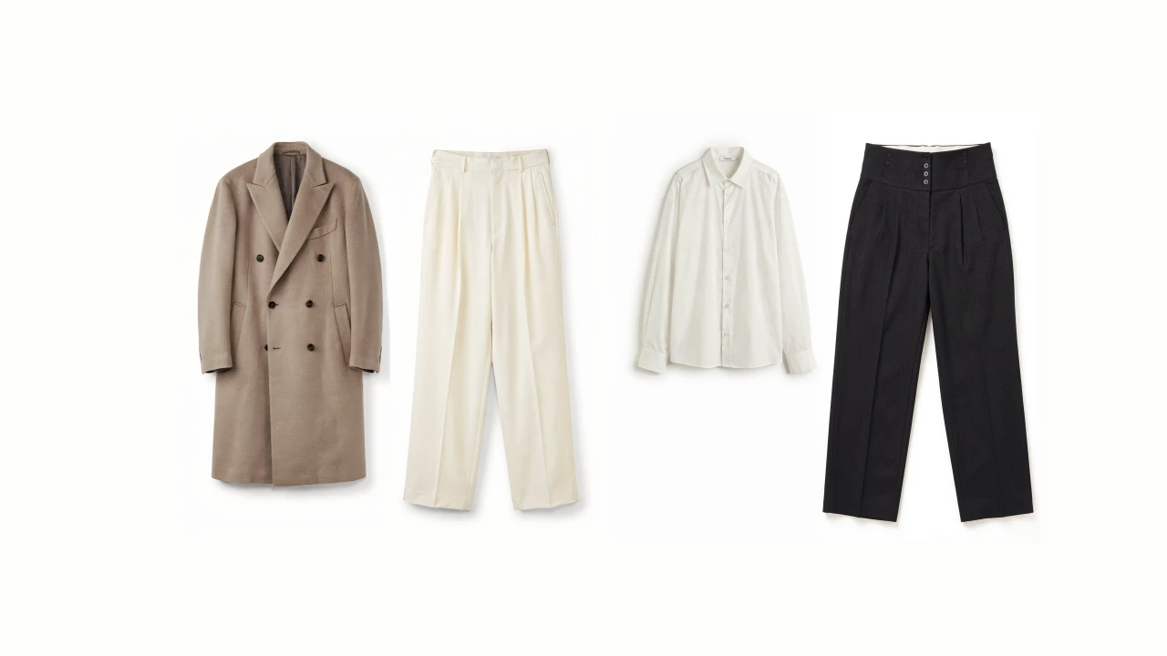 Legeware ausgebreitet, ein Mantel (braun) daneben eine Anzughose (hell). Daneben eine weiße Bluse und eine scharze elegante Hose. 