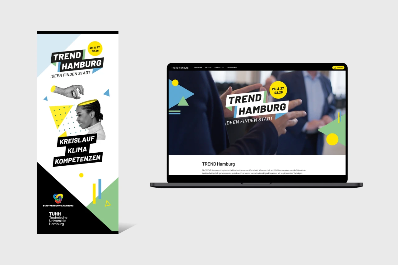 Beispiel für Hamburg T.R.E.N.D Website-Brand-Assets, links ein Rollup, rechts ein Laptop Mockup auf welchem die T.R.E.N.D Website gezeigt werden