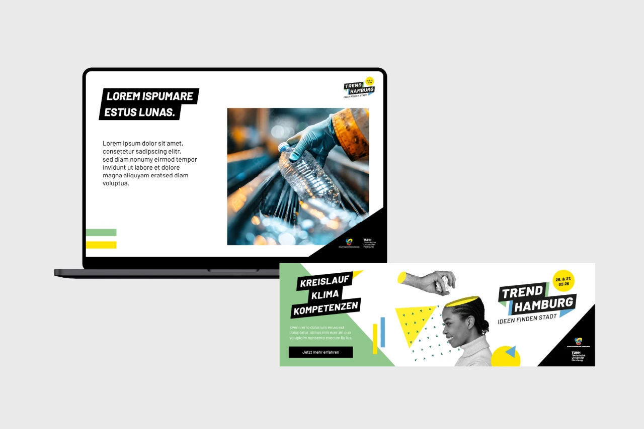 Beispiel für Hamburg T.R.E.N.D Brand-Assets, links ein Laptop Mockup, rechts ein Banner auf welchem ein Hamburg T.R.E.N.D Visual gezeigt wird