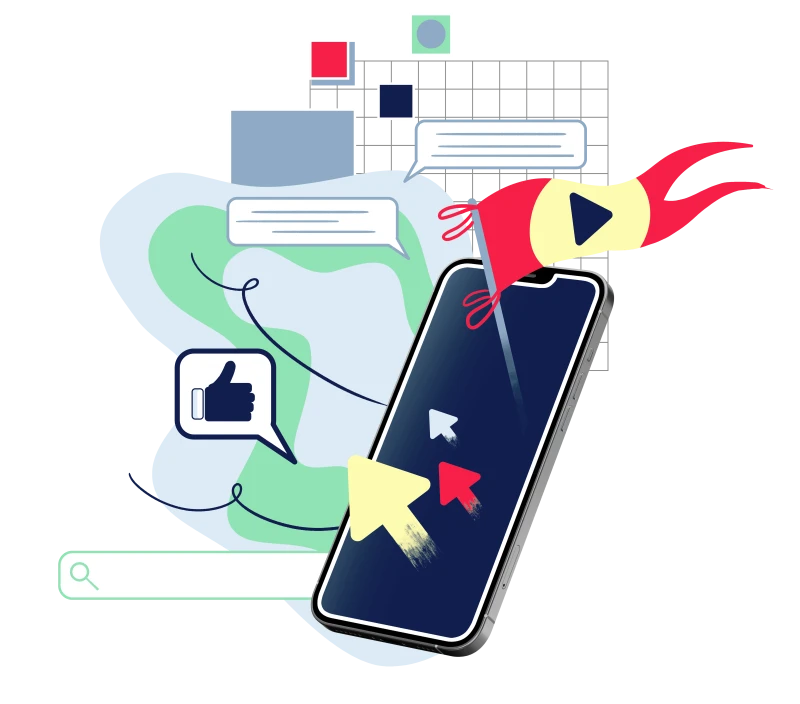 Visual von einem Smartphone, daneben sind mehrere Illustrationen, Ein Daumen-Hoch-Icon, ein Mauszeiger, ein Kommentarfeld