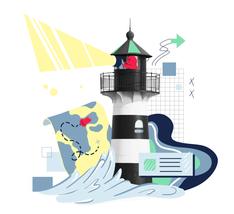 Ein Visual, bestehend aus einem Leuchtturm und darumliegenden Illustrationen, eine Checkliste, eine Landkarte und ein Fernglas