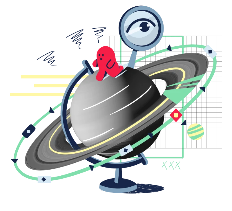 Visual von einem Globus, darum mehrere illustrierte Elemente, eine Lupe, eine dunkle Umrandung die an die Umrandung des Saturns erinnert