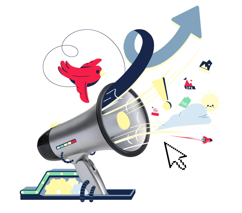 Visual eines Megaphones, daneben mehrere Illustrationen, Ein Vogel, Ein Ausrufezeichen, eine Sonne, ein Pfeil welcher nach oben zeigt