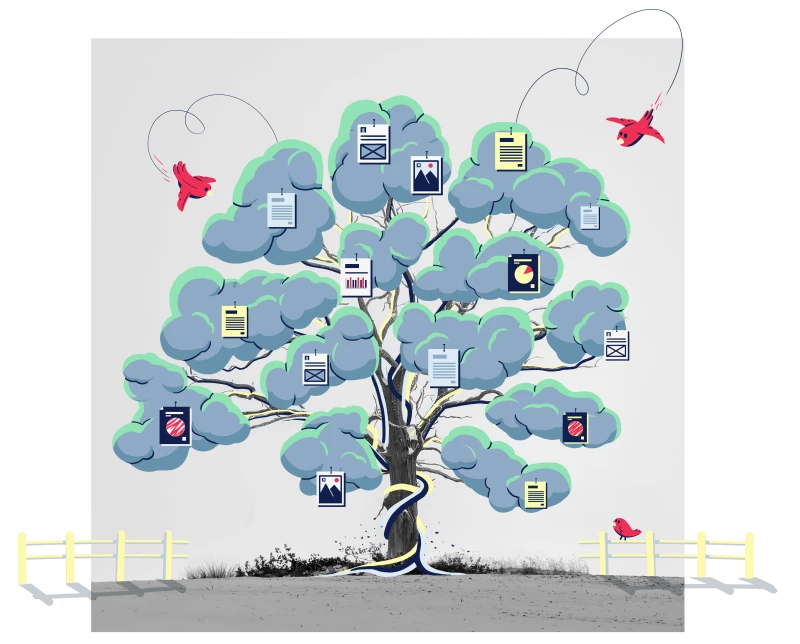 Illustration eines Baumes, daran hängen verschiedene Elemente als Blätter, z.b. eine Checkliste, ein Kalender und eine Statistik
