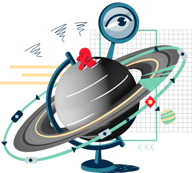 Visual von einem Globus, darum mehrere illustrierte Elemente, eine Lupe, eine dunkle Umrandung die an die Umrandung des Saturns erinnert
