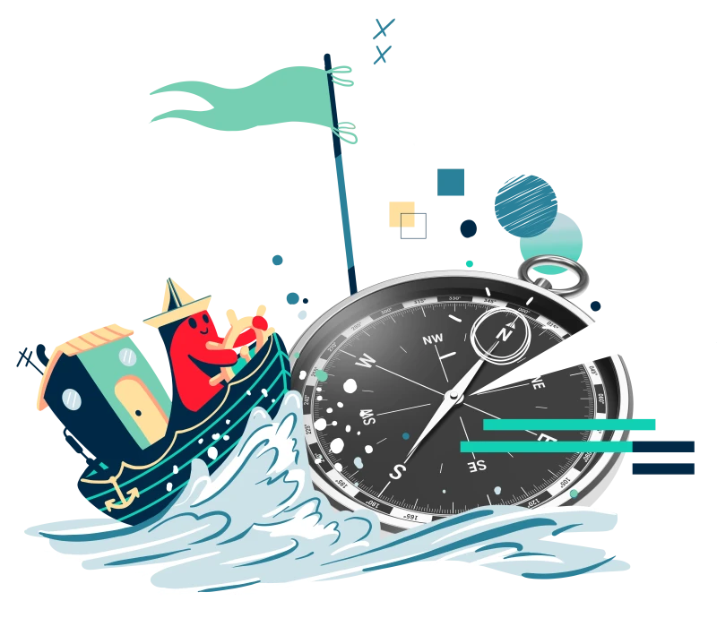 Eine Illustration welche einen Kompass zeigt. Der Kompass reitet eine Welle.