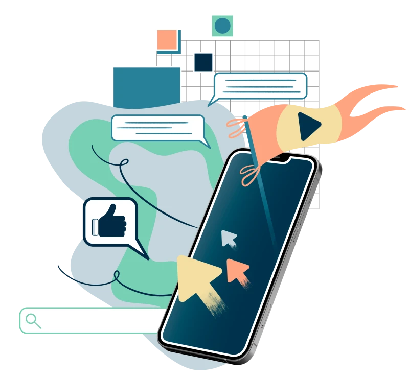 Visual von einem Smartphone, daneben sind mehrere Illustrationen, Ein Daumen-Hoch-Icon, ein Mauszeiger, ein Kommentarfeld