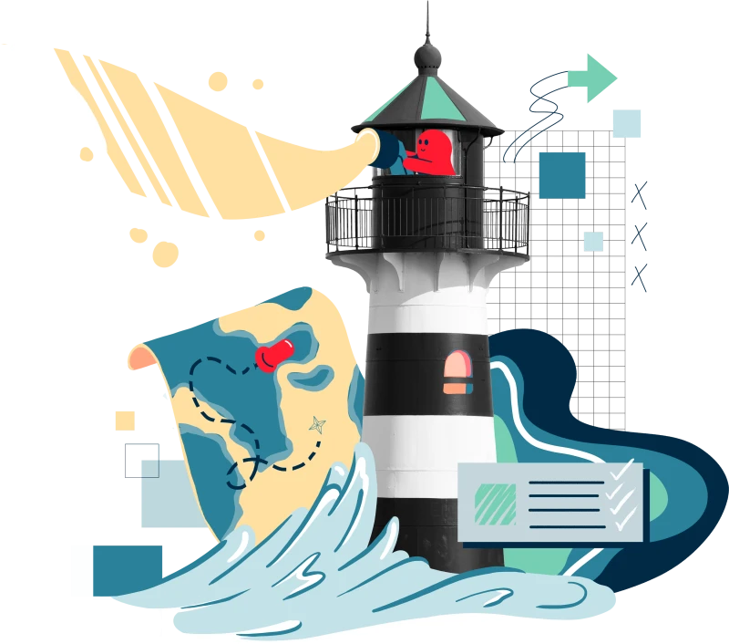 Ein Visual, bestehend aus einem Leuchtturm und darumliegenden Illustrationen, eine Checkliste, eine Landkarte und ein Fernglas