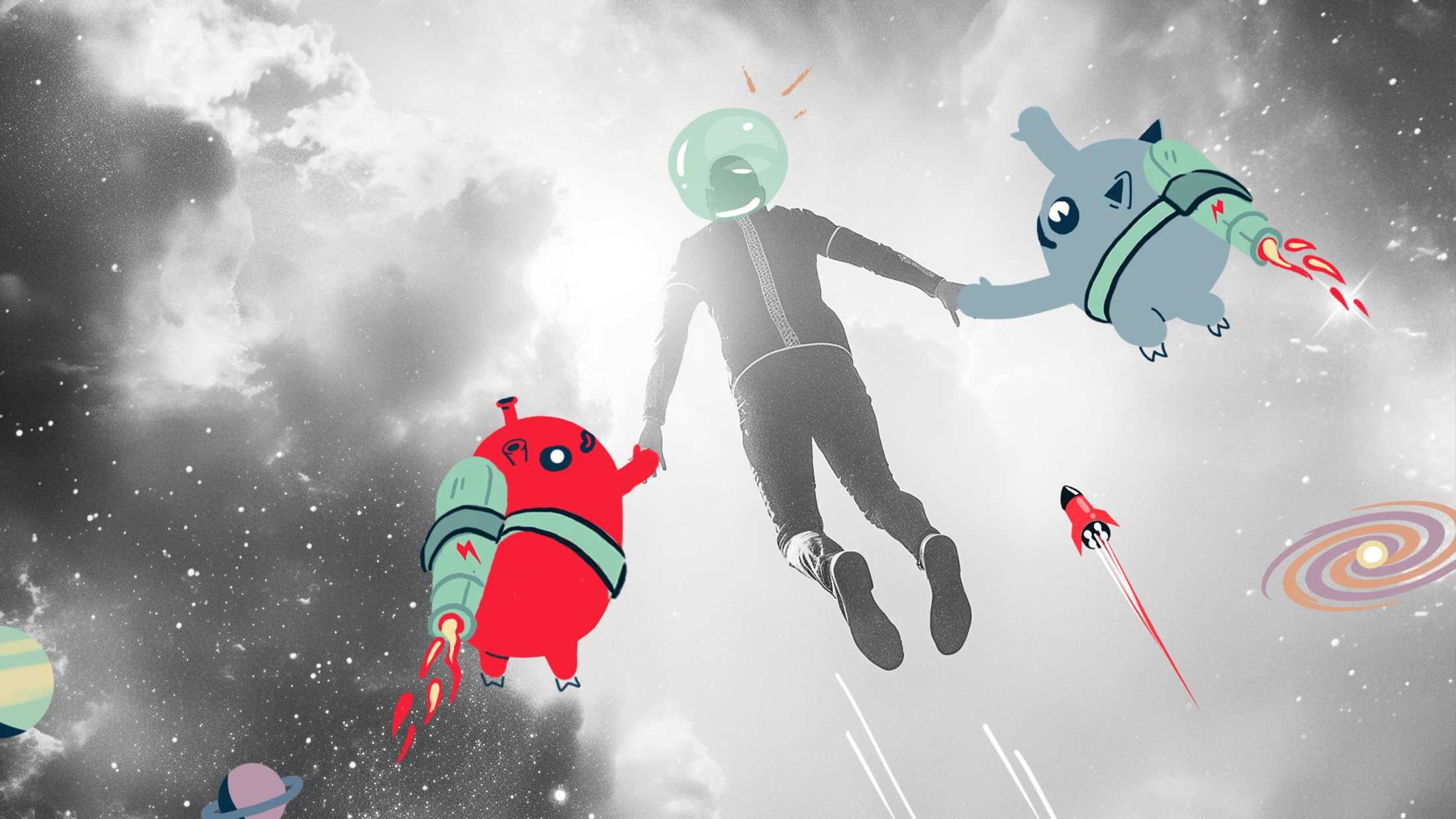 Visual auf welchem ein in die Luft aufsteigender Astronaut zu sehen ist. Darum sieht man Illustrationen im Stil der Albert Bauer CI