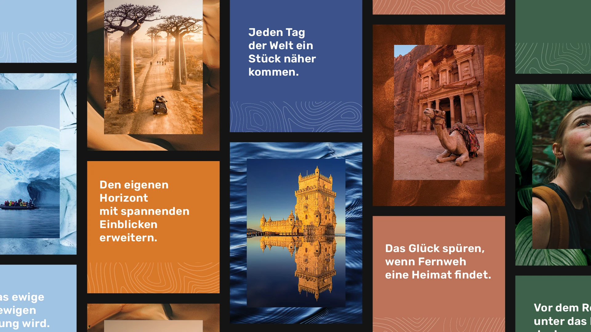 Die Brand Story setzt sich aus einem gesamtheitlichen Storytelling zusammen. Farb- und Bildcollage von Plantours Visuals
