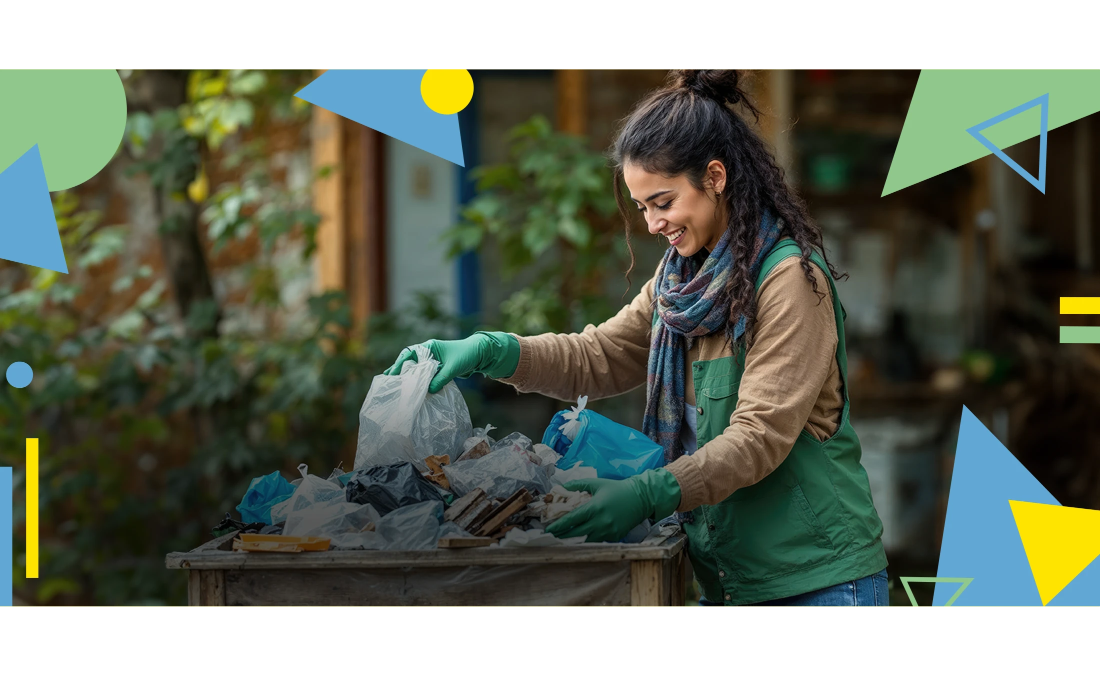 Eine Frau sortiert Abfall aus einem Holzbehälter