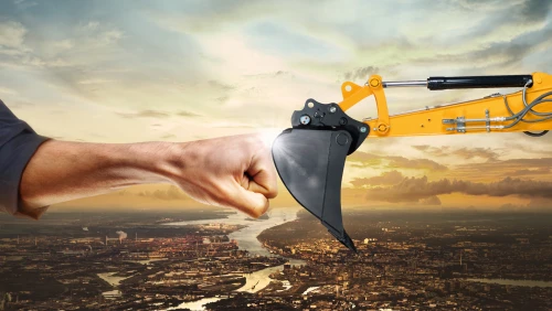 Eine Baggerschaufel und eine Hand geben sich eine Fistbump